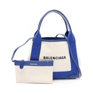 Balenciaga Navy Blue Cabas Handbag Canvas Leather Ivory White